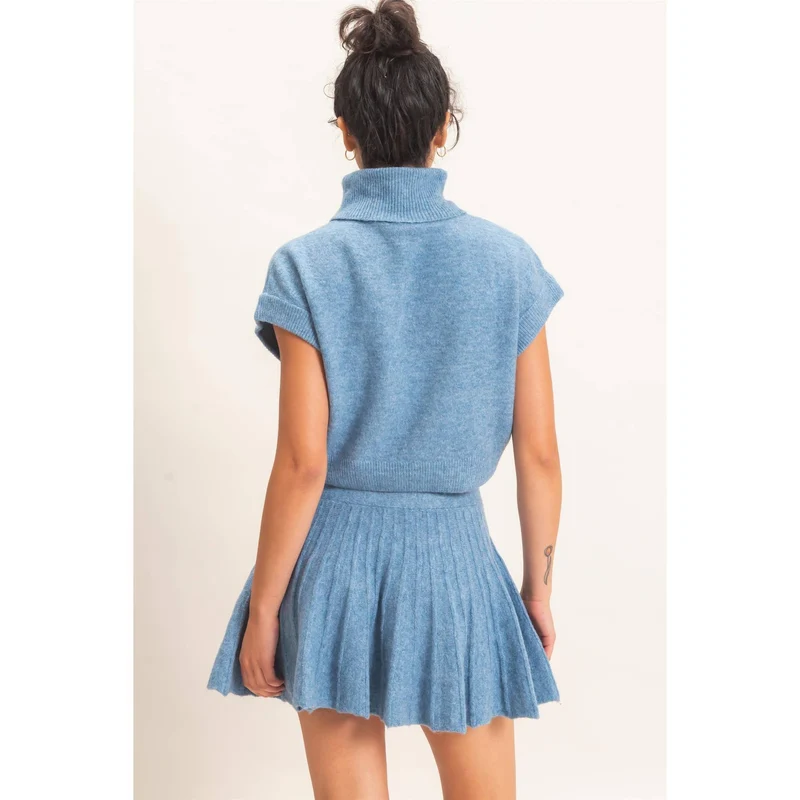 TURTLENECK TOP & PLEATED SKIRT SET : DUSTY BLUE (LM-0086)