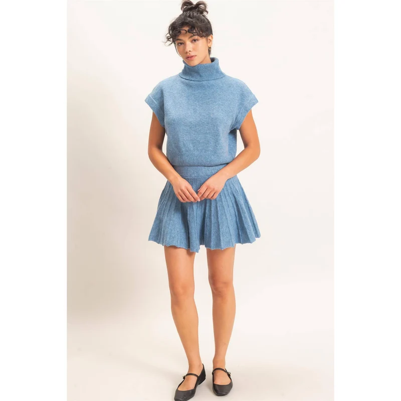 TURTLENECK TOP & PLEATED SKIRT SET : DUSTY BLUE (LM-0086)
