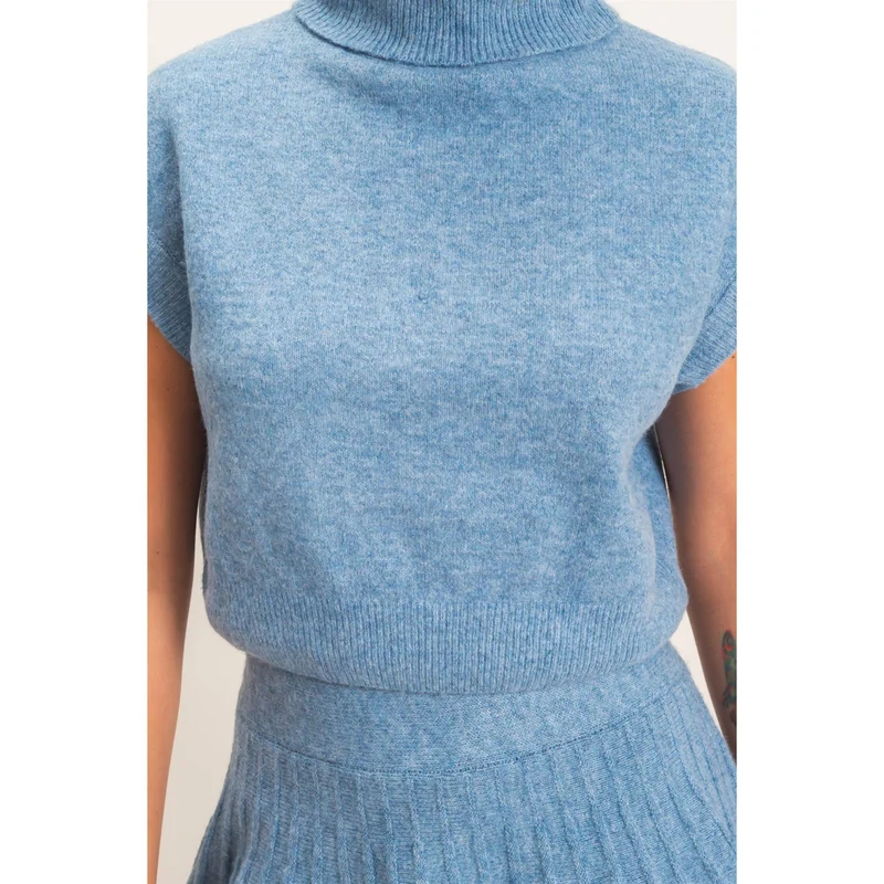 TURTLENECK TOP & PLEATED SKIRT SET : DUSTY BLUE (LM-0086)