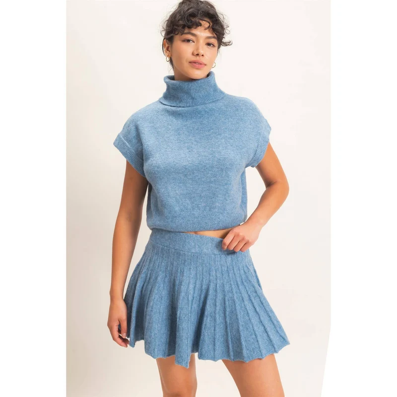 TURTLENECK TOP & PLEATED SKIRT SET : DUSTY BLUE (LM-0086)