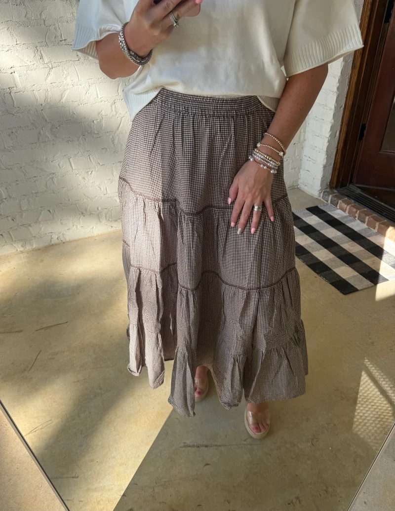 GINGHAM MAXI SKIRT - BROWN (LM-0061)