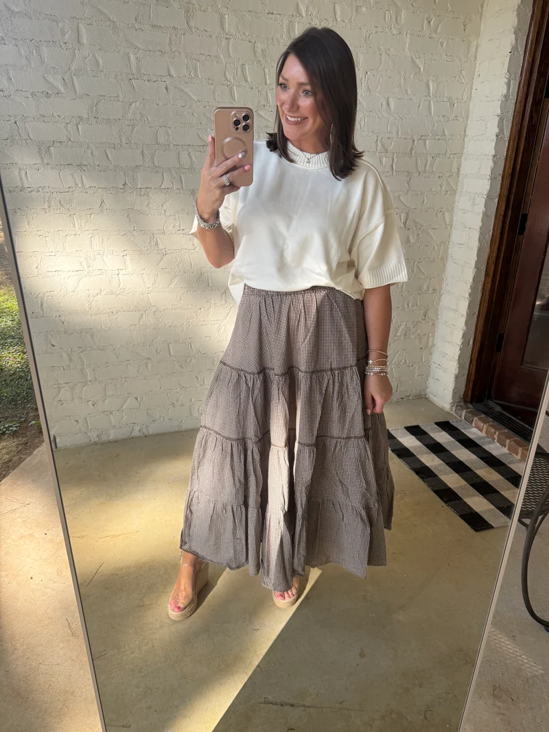 GINGHAM MAXI SKIRT - BROWN (LM-0061)