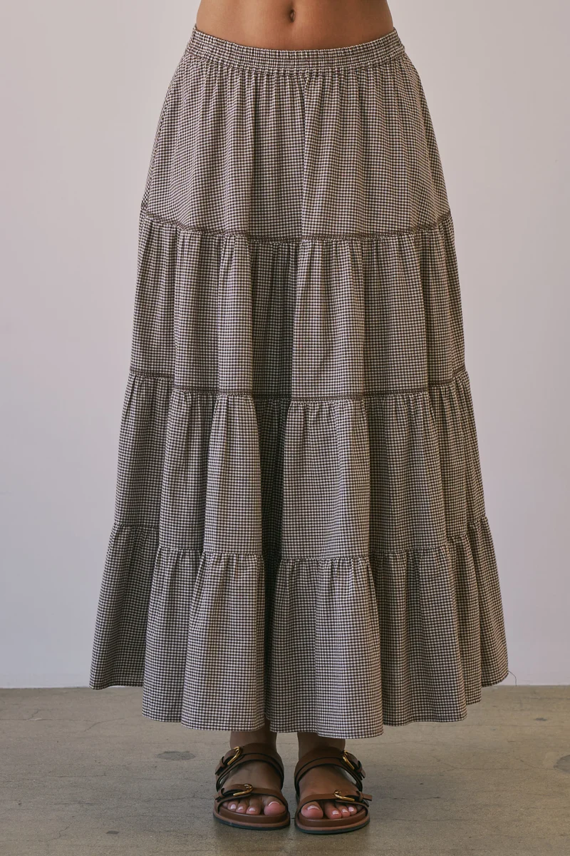 GINGHAM MAXI SKIRT - BROWN (LM-0061)