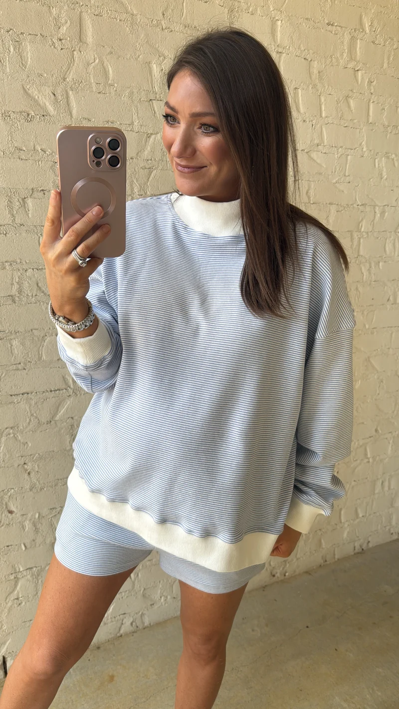 MOCK NECK STRIPED SWEATSHIRT TOP & SHORT SET - BLUE (LM-0084)