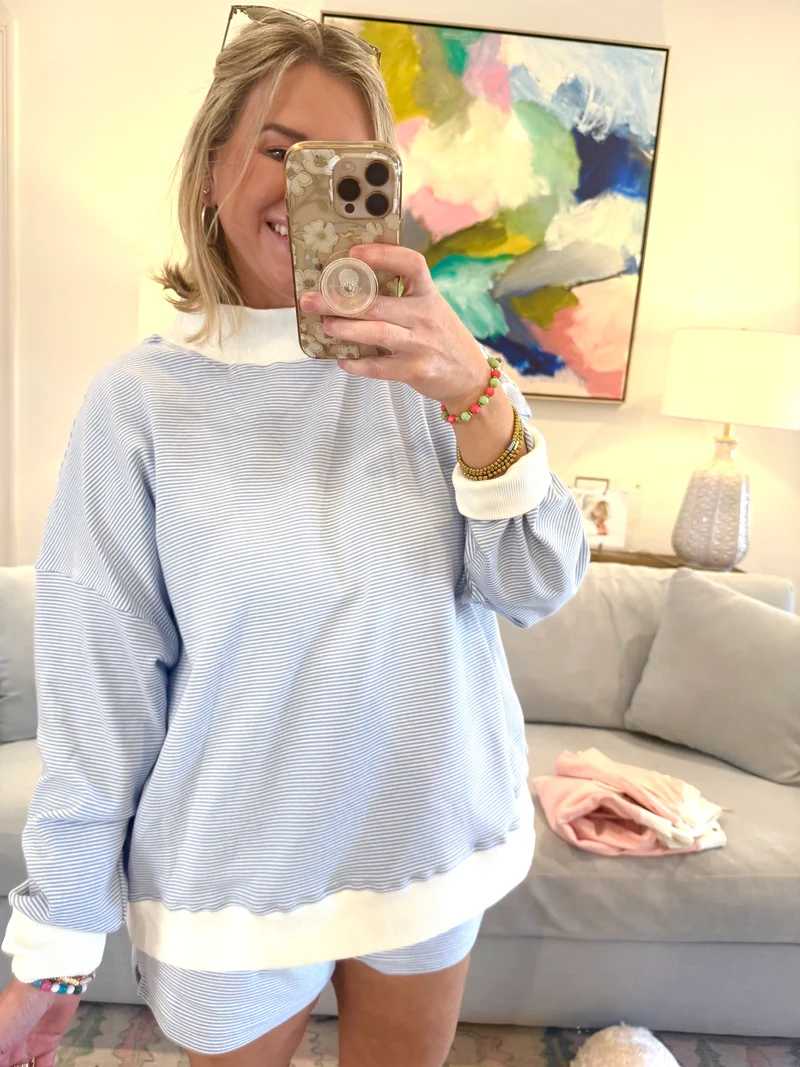 MOCK NECK STRIPED SWEATSHIRT TOP & SHORT SET - BLUE (LM-0084)