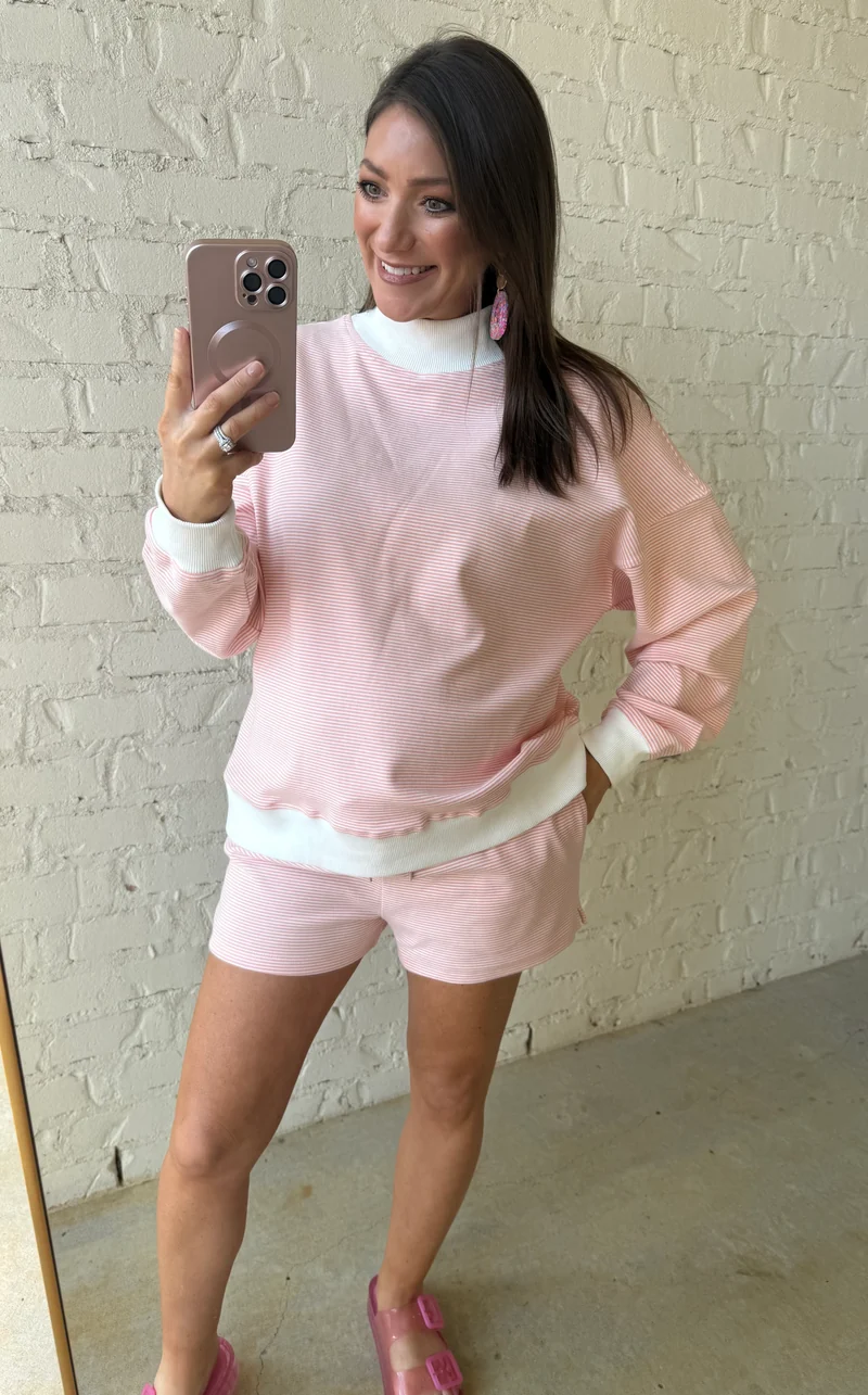 MOCK NECK STRIPED SWEATSHIRT TOP & SHORT SET - PEACH (LM-0085)