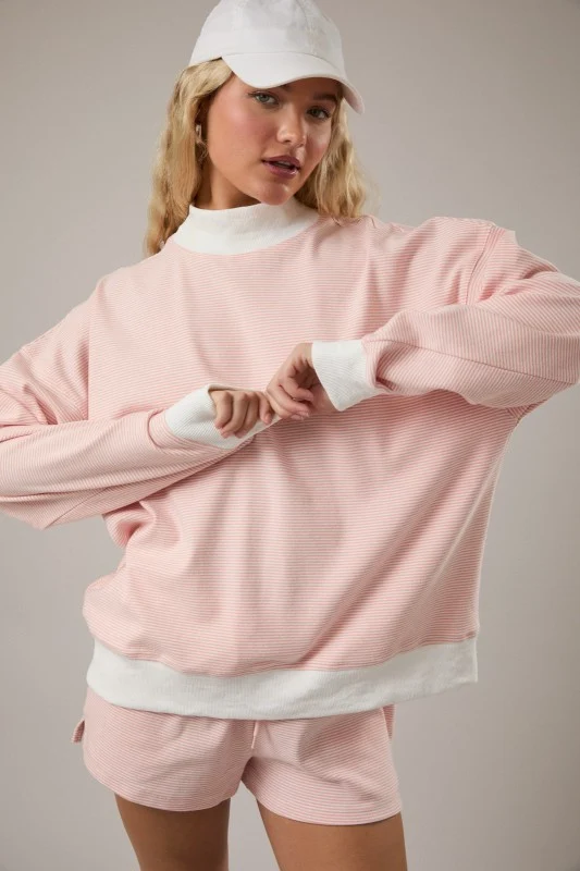 MOCK NECK STRIPED SWEATSHIRT TOP & SHORT SET - PEACH (LM-0085)