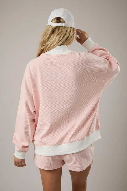 MOCK NECK STRIPED SWEATSHIRT TOP & SHORT SET - PEACH (LM-0085)