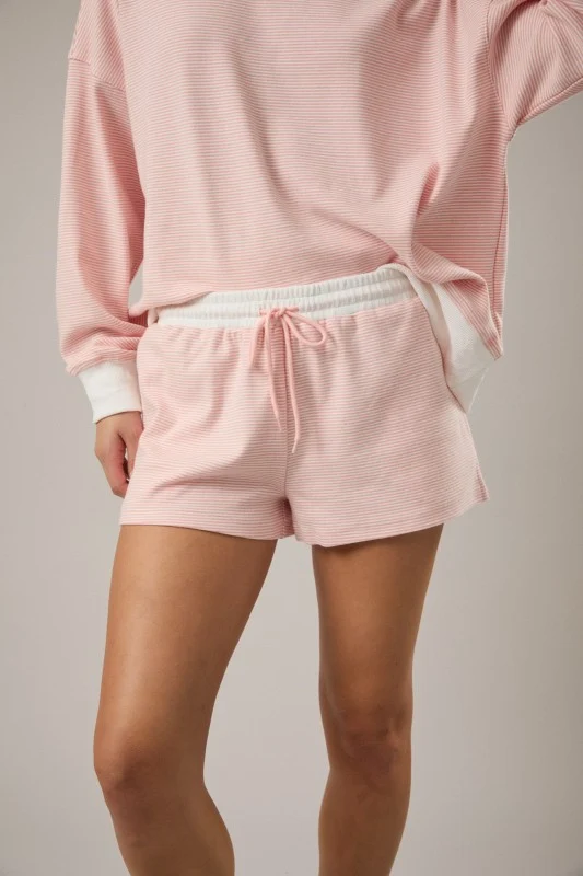 MOCK NECK STRIPED SWEATSHIRT TOP & SHORT SET - PEACH (LM-0085)