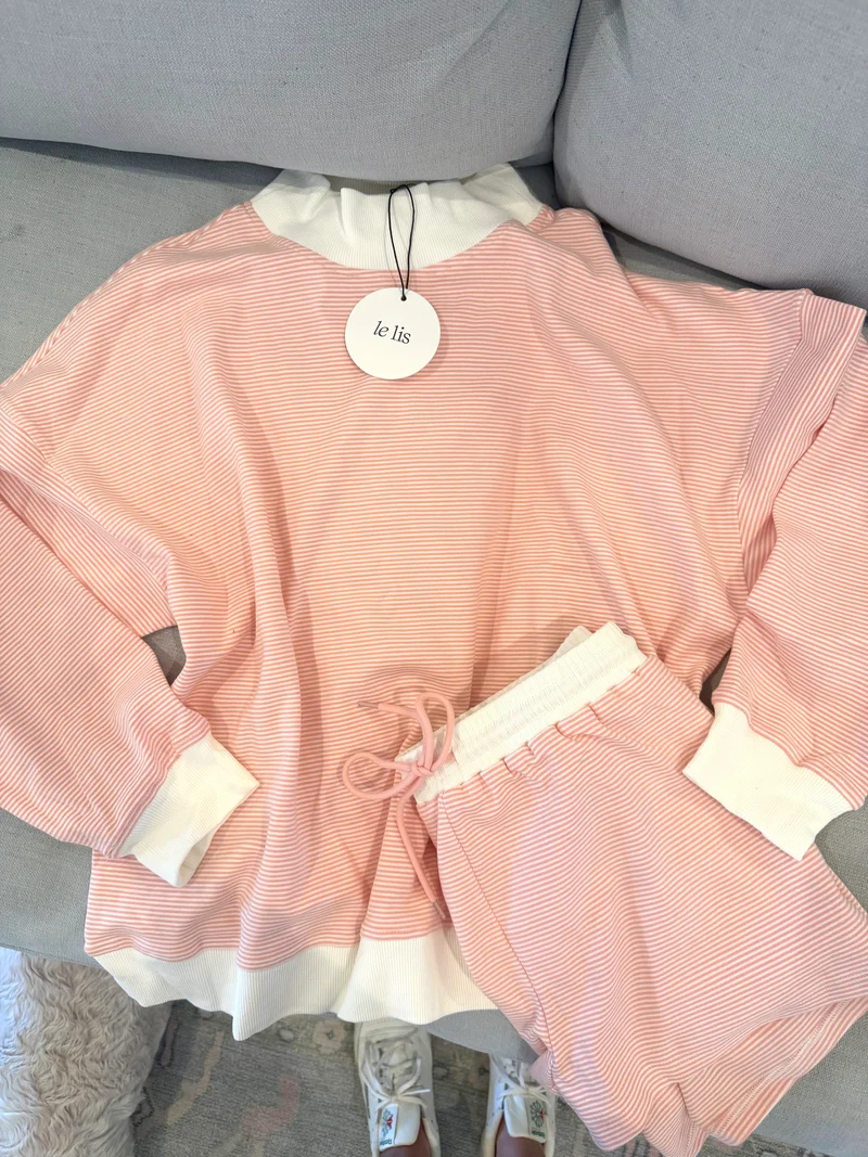 MOCK NECK STRIPED SWEATSHIRT TOP & SHORT SET - PEACH (LM-0085)