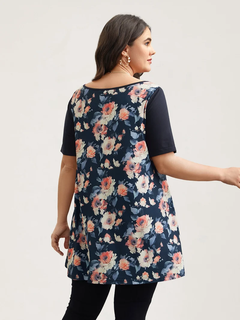 Round Neck Floral Print Patchwork Half Sleeve T-Shirt
