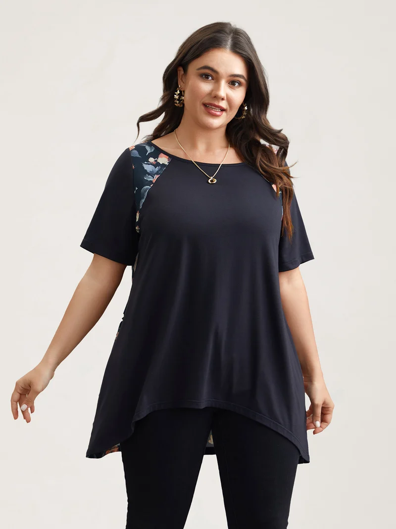 Round Neck Floral Print Patchwork Half Sleeve T-Shirt