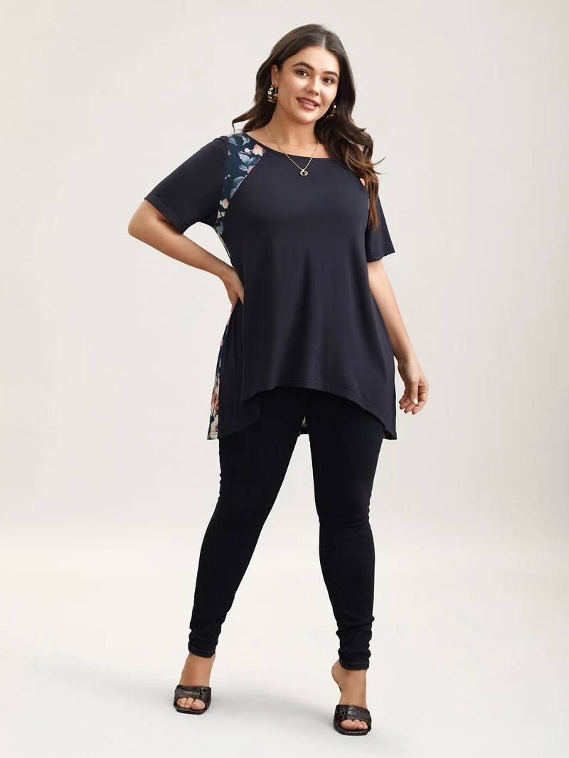 Round Neck Floral Print Patchwork Half Sleeve T-Shirt