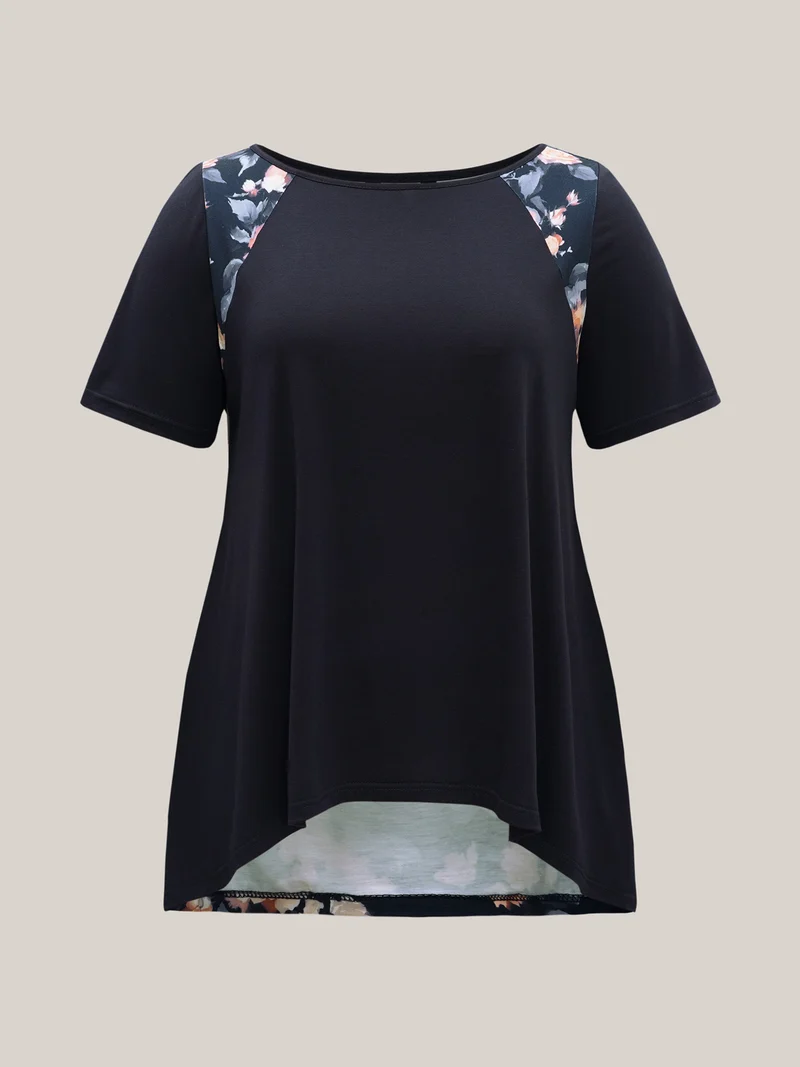 Round Neck Floral Print Patchwork Half Sleeve T-Shirt
