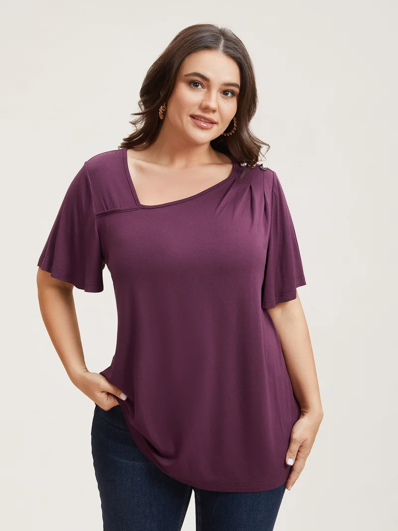 Supersoft Asymmetrical Neckline Flutter Sleeve T-Shirt