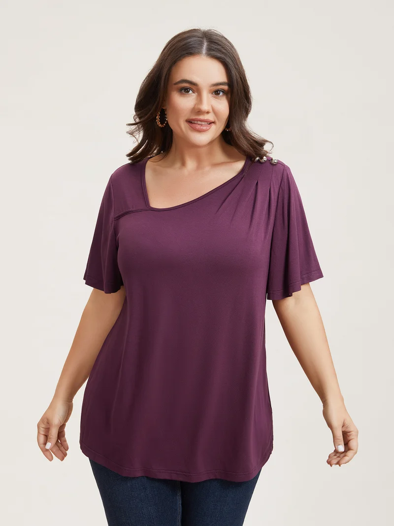 Supersoft Asymmetrical Neckline Flutter Sleeve T-Shirt