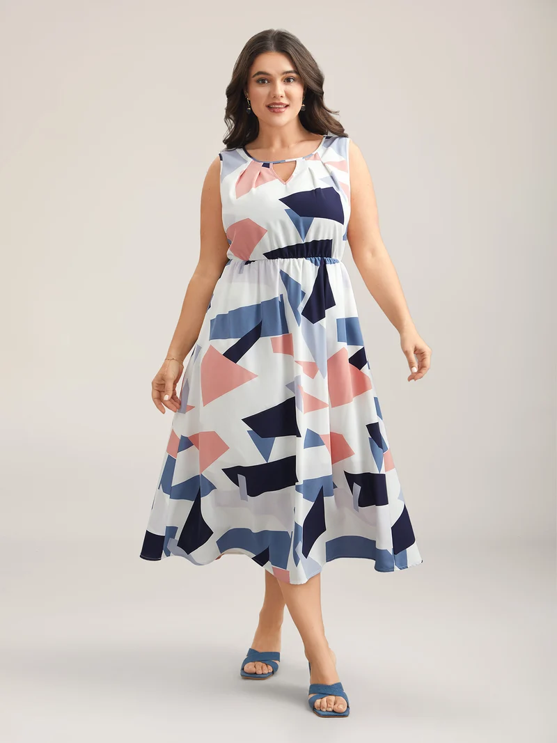 Shapes Pattern Keyhole Pockets Midi Dress