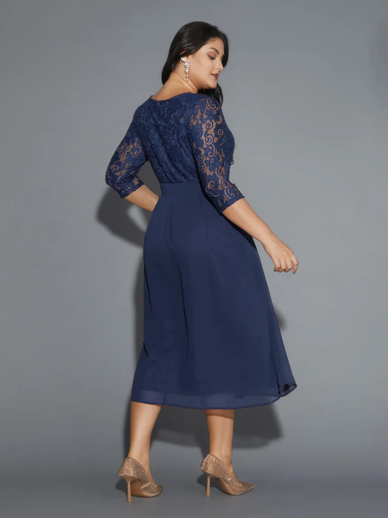 Lace Patchwork Shirred Midi Pocket Dress