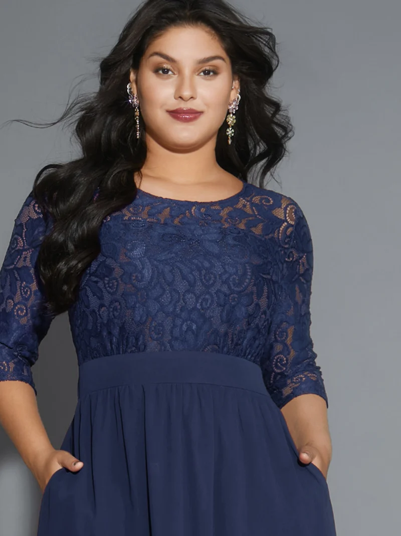 Lace Patchwork Shirred Midi Pocket Dress