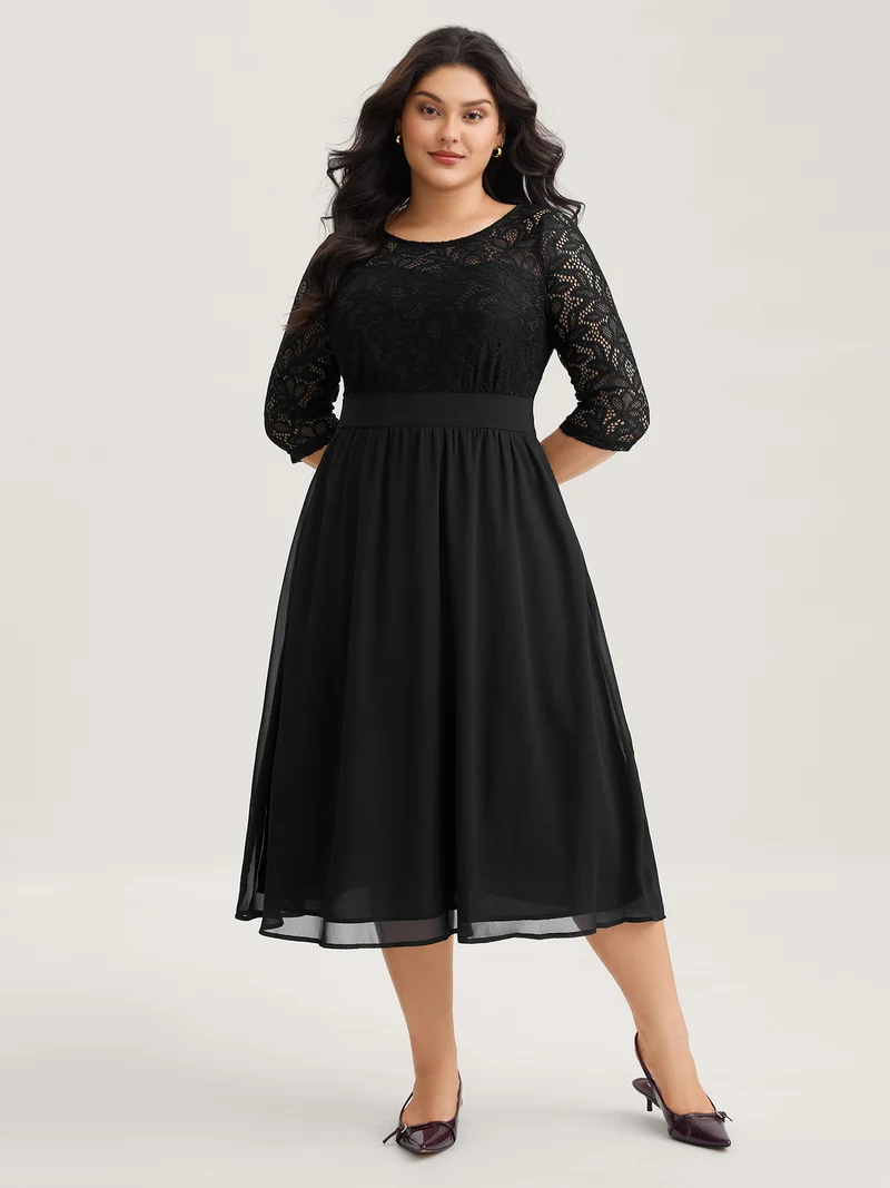 Lace Patchwork Shirred Midi Pocket Dress