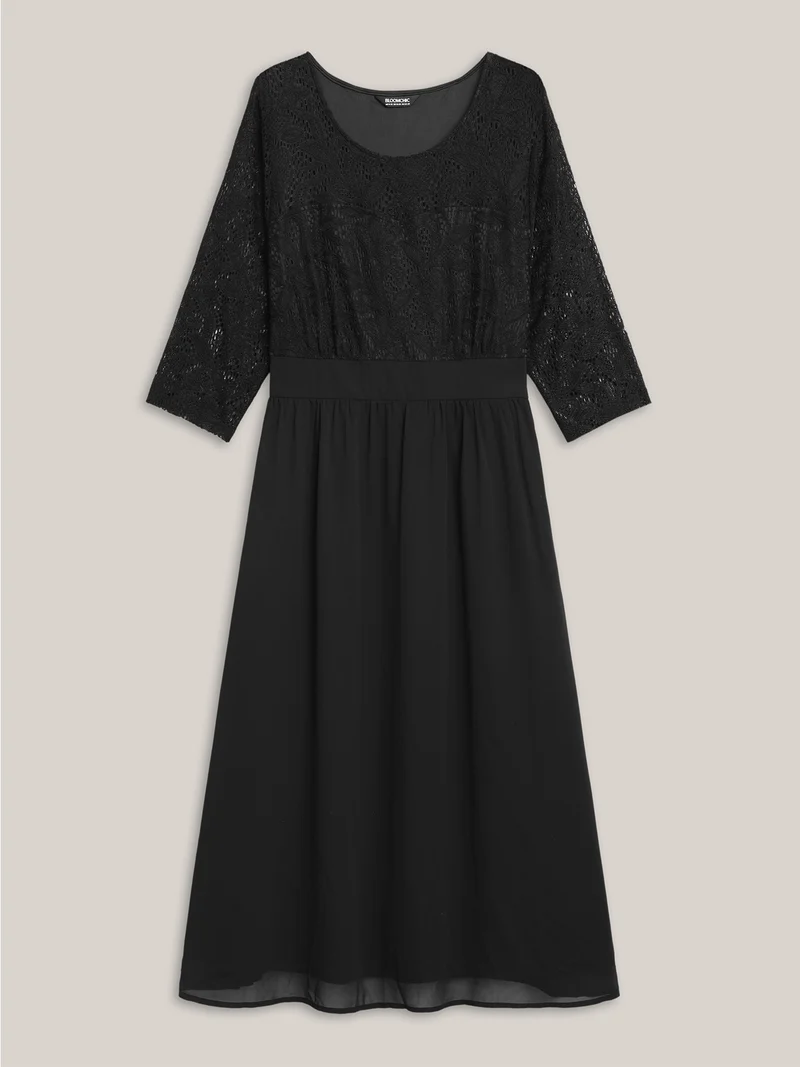 Lace Patchwork Shirred Midi Pocket Dress
