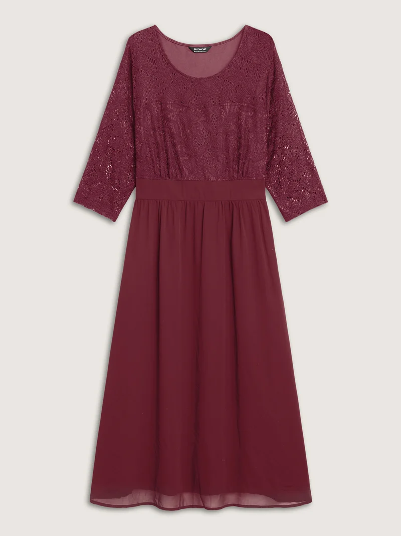 Lace Patchwork Shirred Midi Pocket Dress