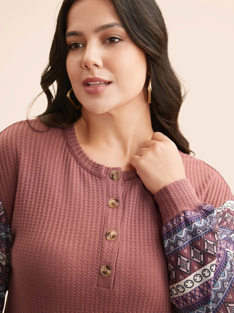 Boho Print Patchwork Waffle Knit T-shirt