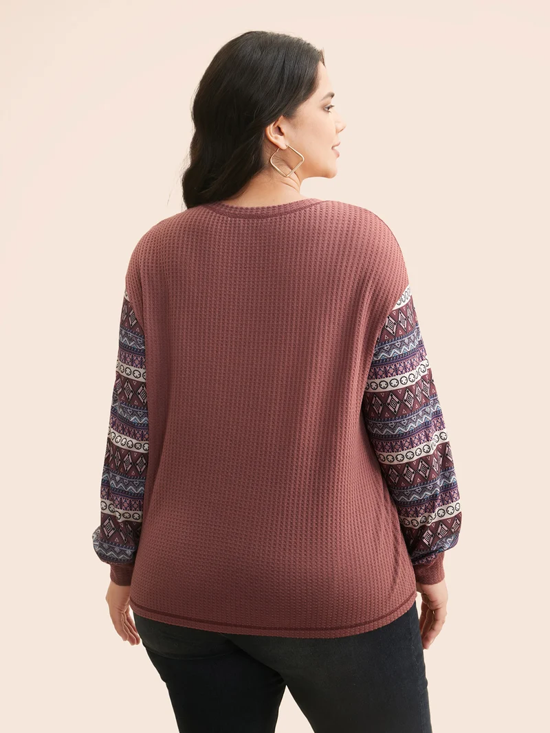 Boho Print Patchwork Waffle Knit T-shirt