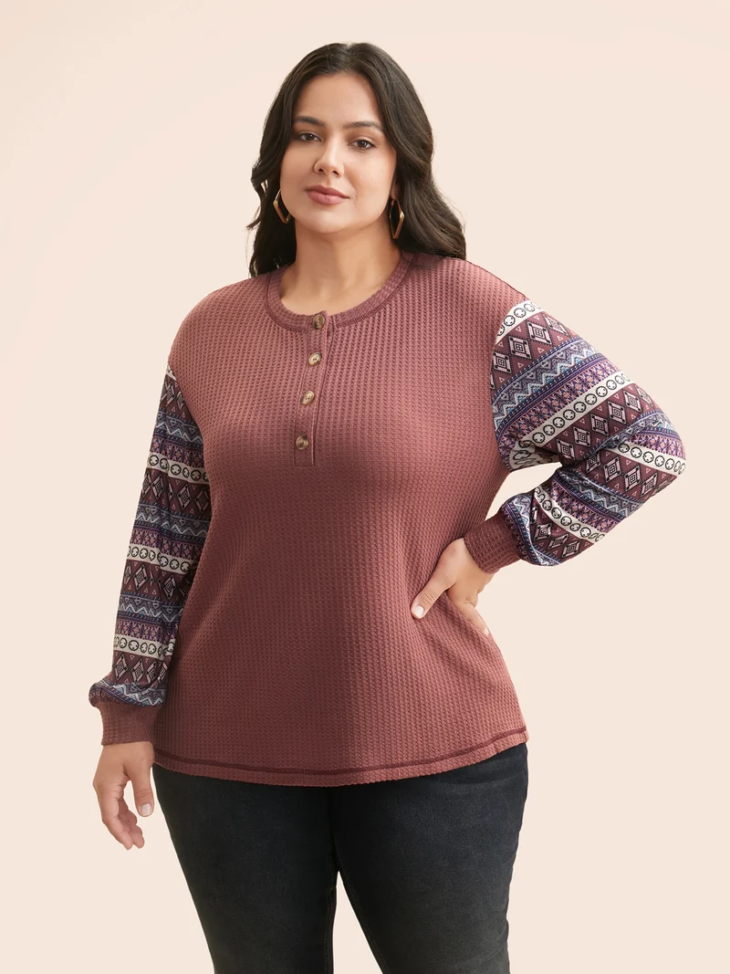 Boho Print Patchwork Waffle Knit T-shirt