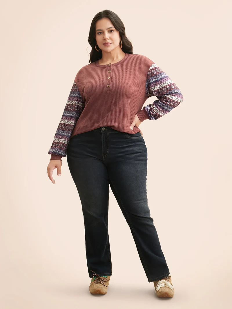Boho Print Patchwork Waffle Knit T-shirt