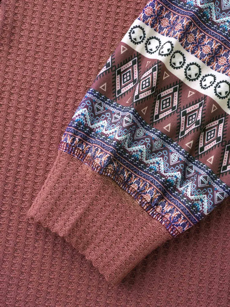 Boho Print Patchwork Waffle Knit T-shirt