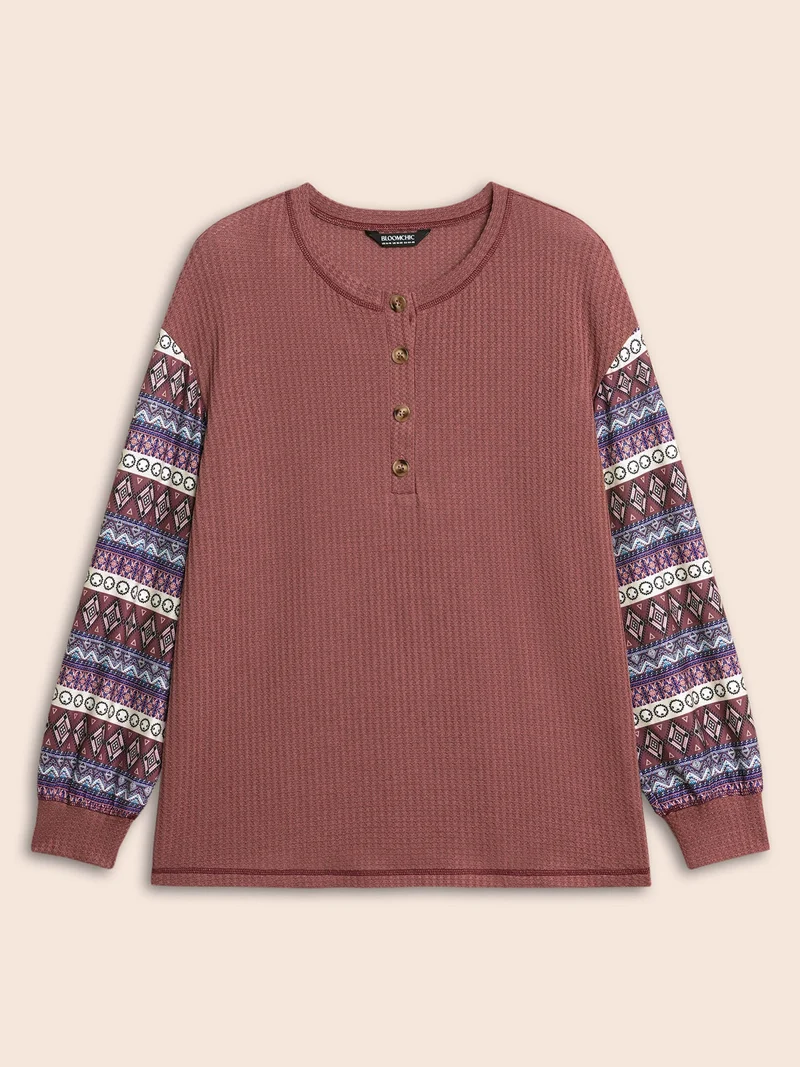 Boho Print Patchwork Waffle Knit T-shirt