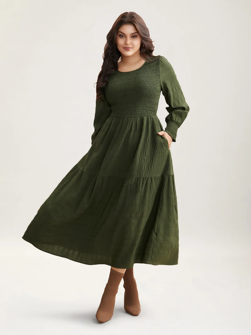Plain Textured Shirred Midi Dress