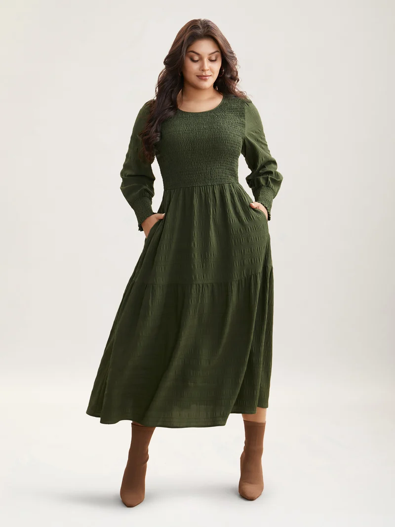Plain Textured Shirred Midi Dress