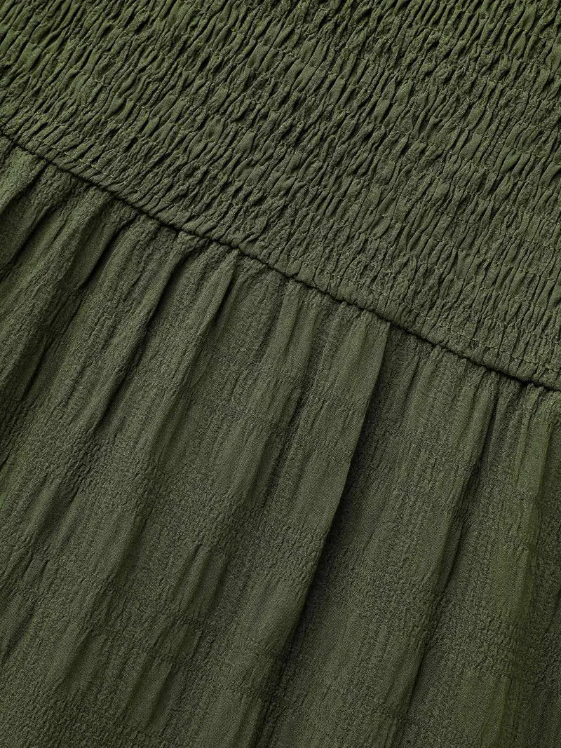 Plain Textured Shirred Midi Dress