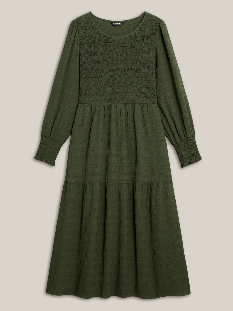 Plain Textured Shirred Midi Dress