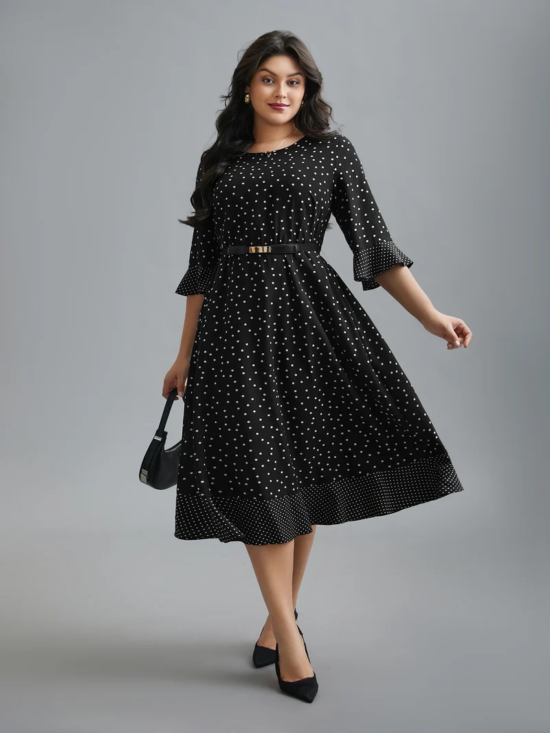 Crew Neck Polka Dot Waist Cinched Dress