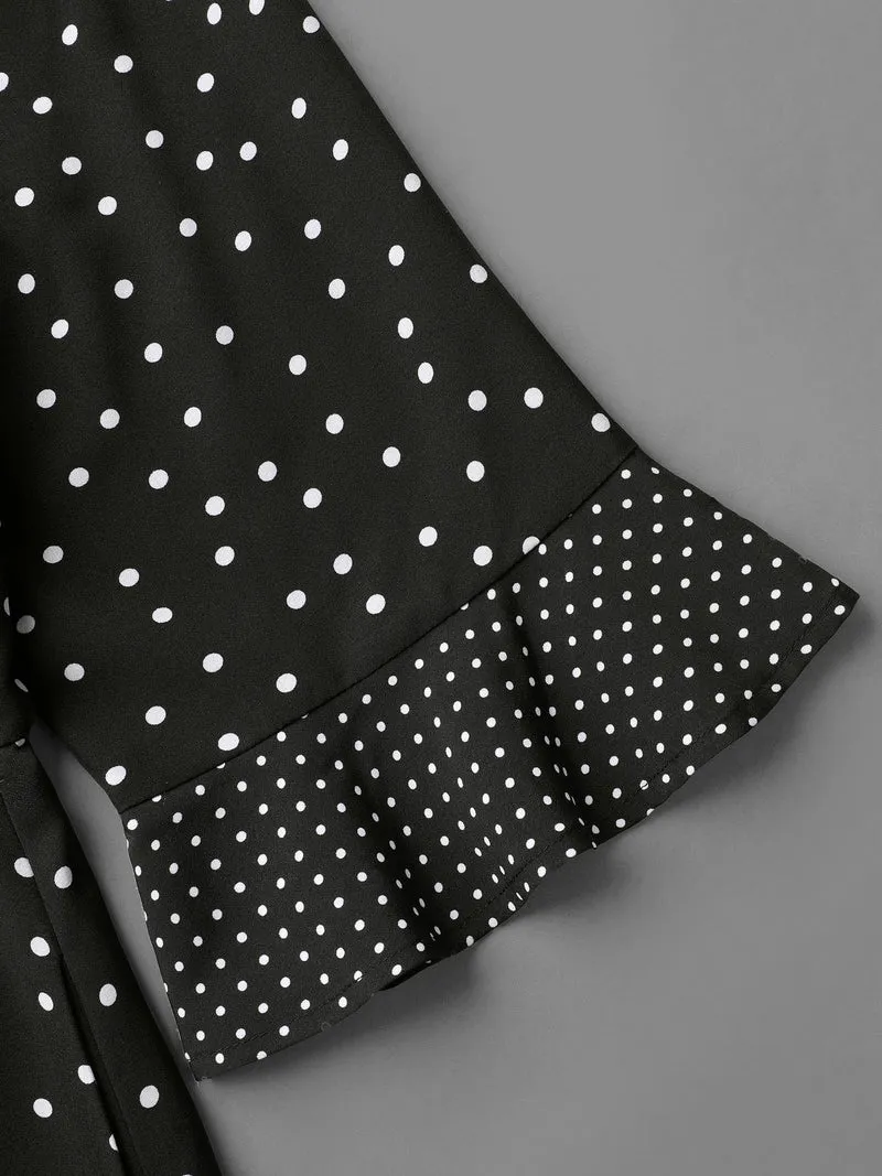 Crew Neck Polka Dot Waist Cinched Dress