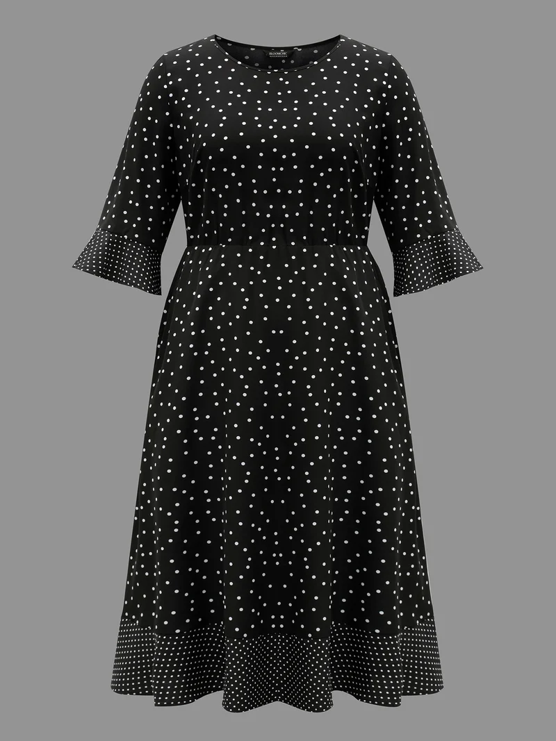 Crew Neck Polka Dot Waist Cinched Dress