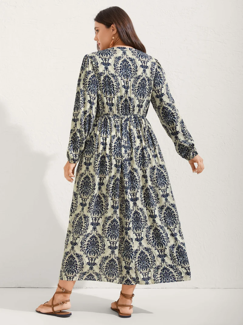 Boho Print Notched Tie Knot Maxi Dress