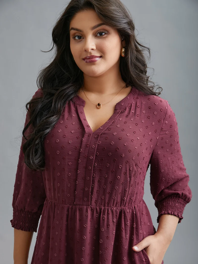 Notched Collar Textured Smocked Cuffs Dress