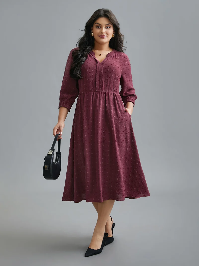 Notched Collar Textured Smocked Cuffs Dress