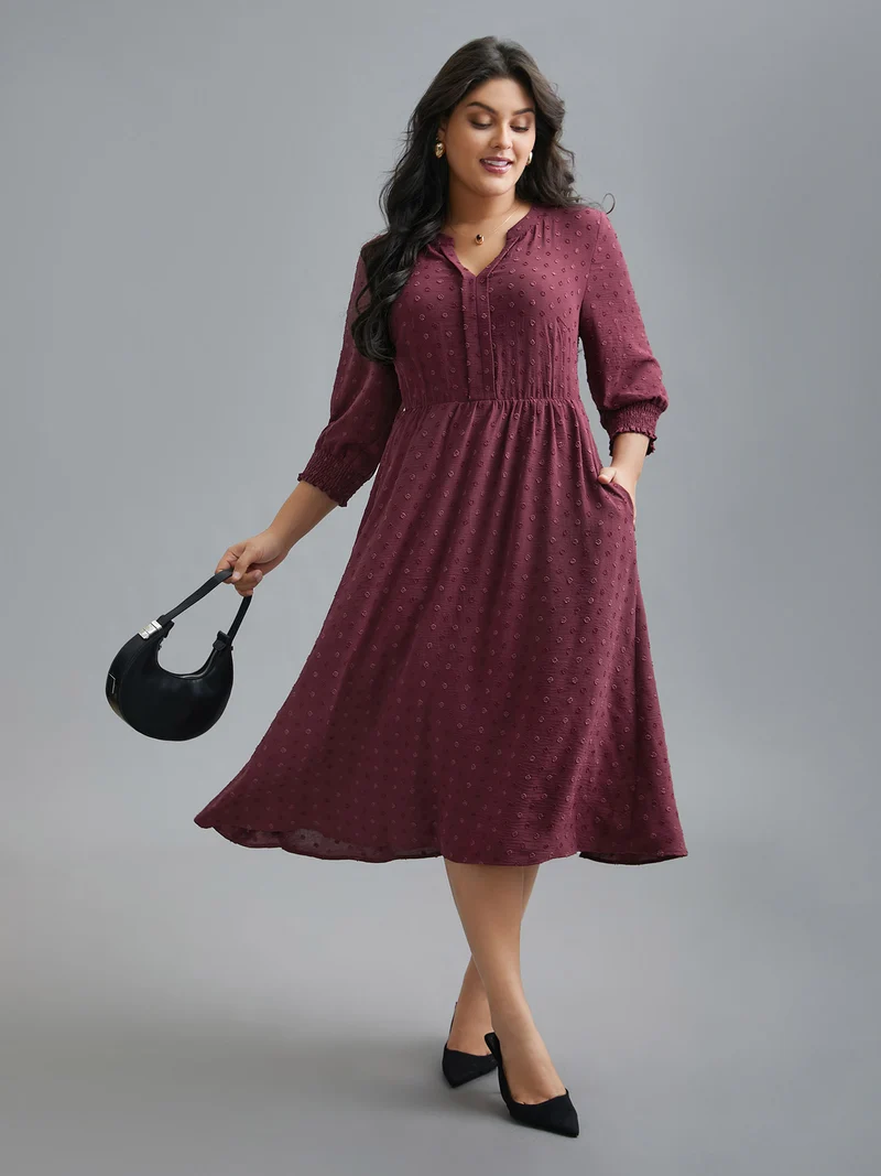 Notched Collar Textured Smocked Cuffs Dress