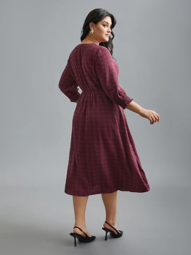 Notched Collar Textured Smocked Cuffs Dress