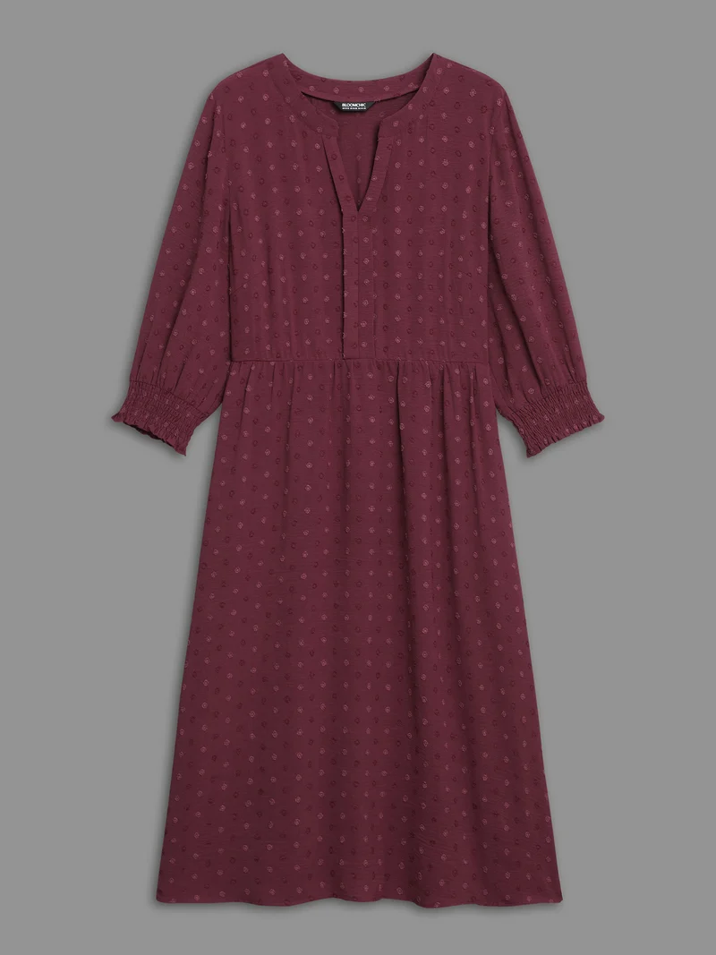 Notched Collar Textured Smocked Cuffs Dress