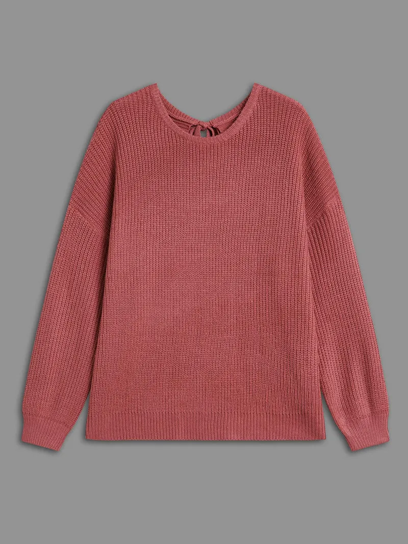 Open Wrap Back Textured Tied Pullover