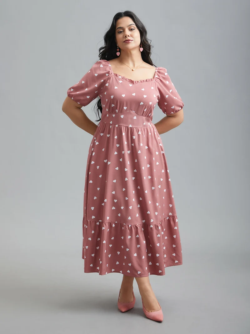 Ruffled Stretchy Waist Puff Sleeve Dress