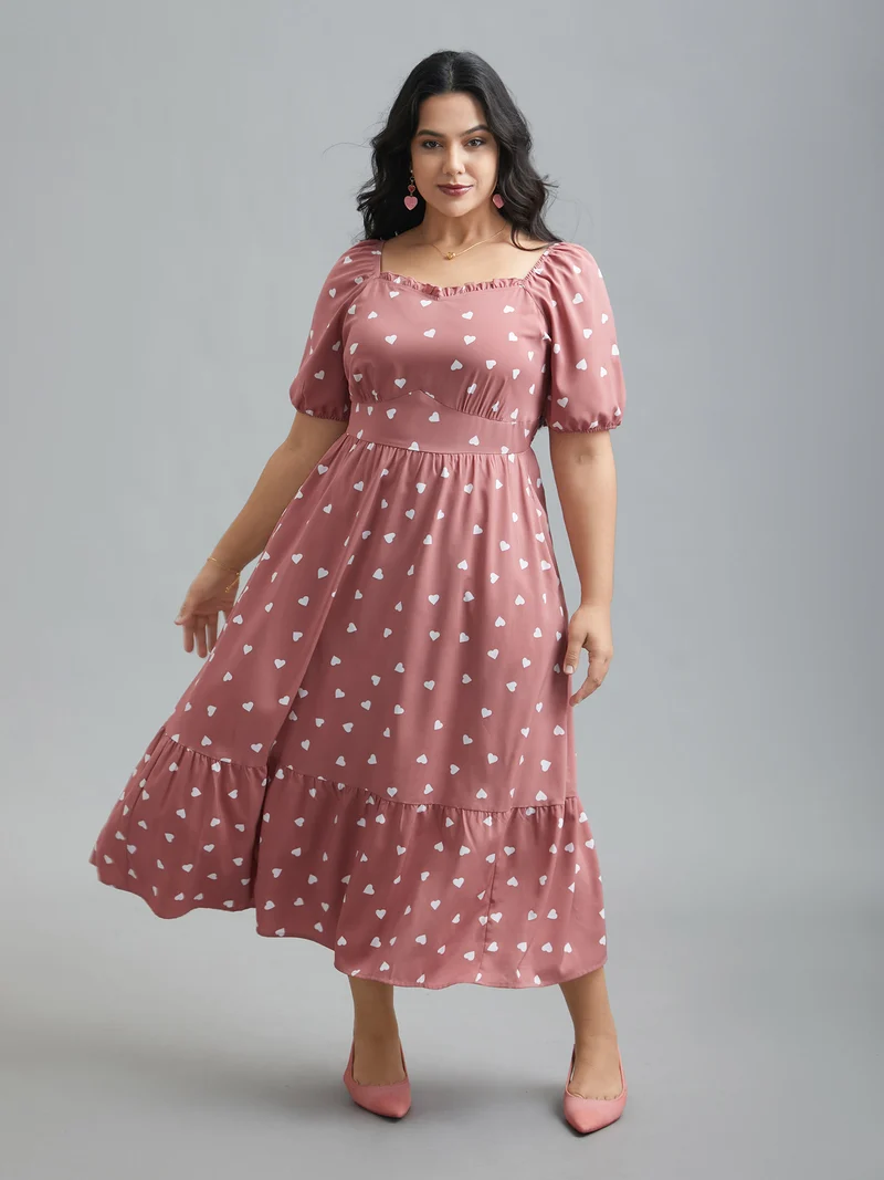 Ruffled Stretchy Waist Puff Sleeve Dress