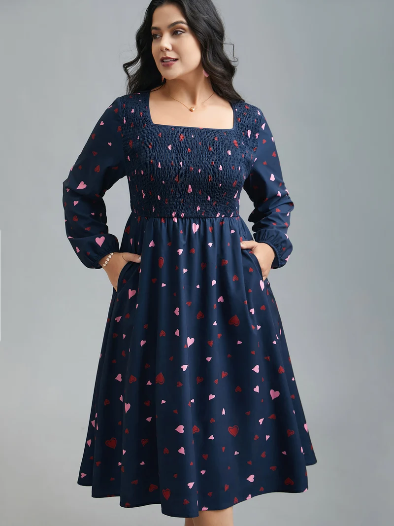 Square Neck Shirred Hearts Midi Dress