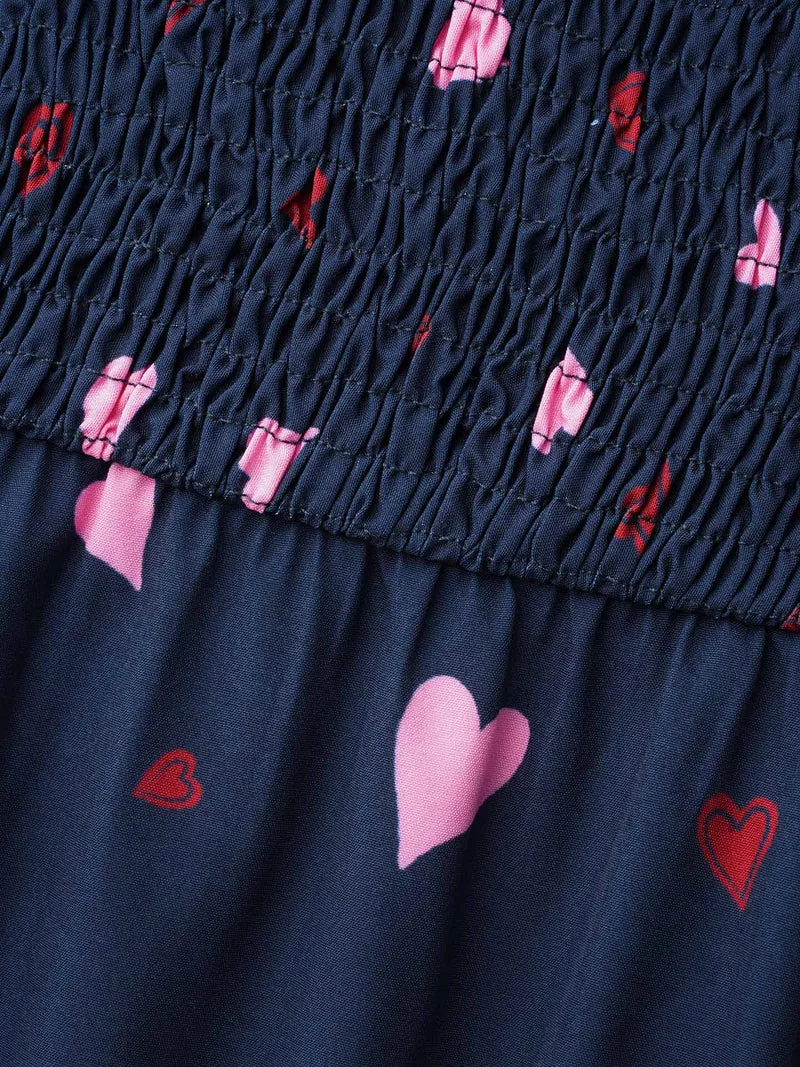 Square Neck Shirred Hearts Midi Dress